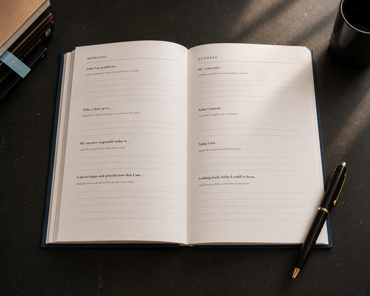 Open pages of the Luminary Journal showing guided Morning and Evening journal prompts