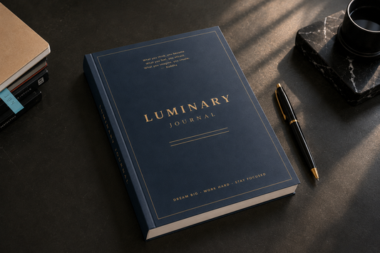 Luminary Journal navy and gold self-improvement journal on a desk with a pen
