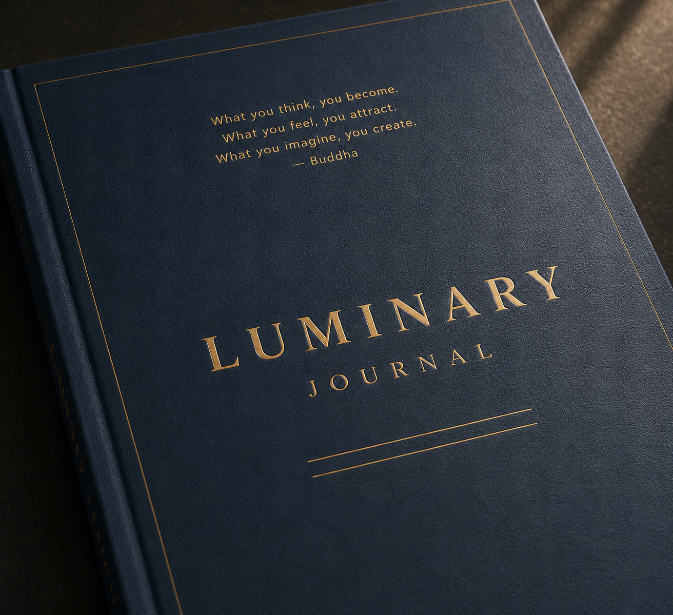 Close-up of the Luminary Journal navy cover with gold lettering and a Buddha quote